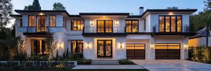 An exterior front view of an modern farmhouse style home in beverly hills, white stone with dark wood accents and large windows,