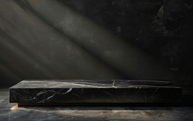 Wall Mural - Black Marble Platform with Sunbeams on a Dark Background