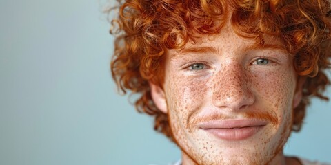 Joyful young man with freckles and curly red hair radiates self-acceptance and assurance in a portrait, celebrating his unique traits with a beaming smile.