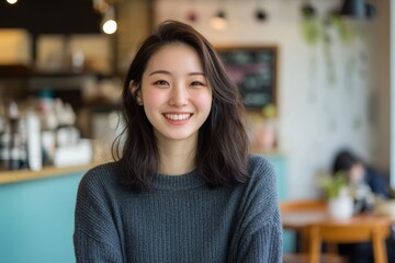 A cheerful portrait of a young East Asian woman in casual wear, with a playful and relaxed vibe, in a cozy, stylish cafe. 