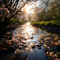 Canvas Print - a river with flowers on it. 