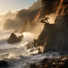 Poster - waves crashing waves on a rocky cliff. 