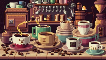 Wall Mural - coffee in retro Pixel art