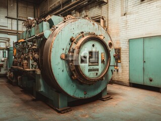 Industrial machine in a retro factory setting, showcasing vintage engineering and mechanical design elements.