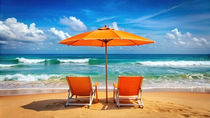 Serene beach scene with two chairs under orange umbrellas by ocean waves evoking relaxation and vacation, beach, chairs