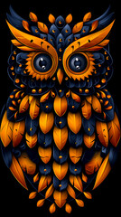 Sticker - A colorful owl with orange and blue feathers. The owl has a curious look on its face. The owl is surrounded by leaves, which adds to its whimsical appearance