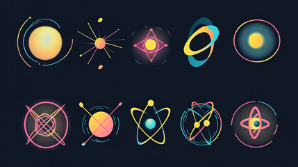 A set of atom elements and symbols for science concepts, suitable for use in logos and related designs.