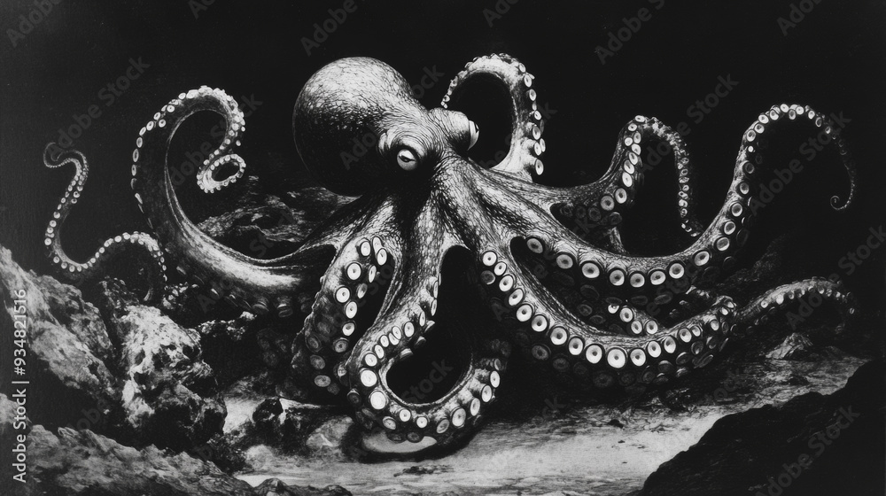 Black and white drawing of a giant octopus with eight writhing ...