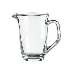 A clear glass pitcher with a handle, isolated on a white background. Perfect for serving beverages.