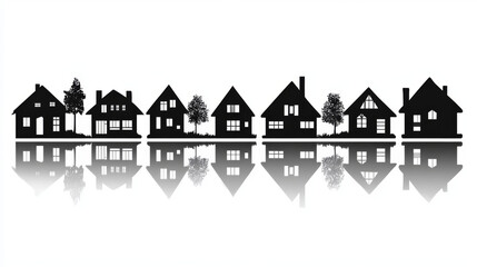 Black silhouettes of houses and cottages with mirrored reflections on a white background, ideal for real estate design.