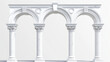 © Cavad - White marble arch of a castle or palace, featuring medieval or antique Greek, Roman, and Arabian columns. Vector illustration of medieval arches on pillars, showcasing ancient stone entrance gates or