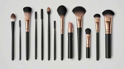 Vector mockups of makeup brushes with a 3D design, including blush, eyeshadow, contour, eyebrow comb, foundation, concealer, and bronzer brushes. Features angled, fan, and flat realistic brushes