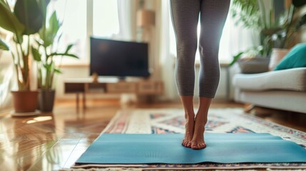 Poster - Closeup of woman's legs in yoga pose on blue mat.