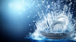 © Cavad - 3D promotional design featuring a clean plate with a water splash and soap bubbles. Ideal for a dishwasher machine ad poster or dishwashing advertising background template, showcasing realistic shinin