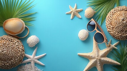 Summer Beach Essentials: A Flat Lay with Sunglasses, Seashells and Palm Leaves