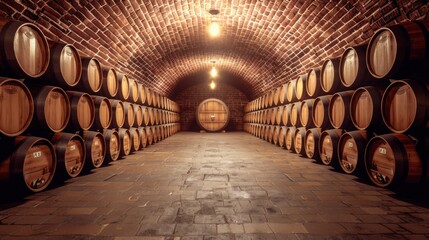 Rows of wine barrels in a traditional cellar.