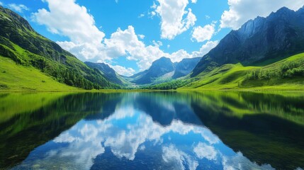 Wall Mural - Beautiful serene landscape with lush green mountains and a clear blue lake reflecting the sky in high resolution nature photography