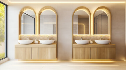 Wall Mural - Modern Bathroom Design with Arched Mirrors and Wooden Cabinets