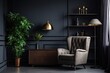 © KirKam - Black club chair and studio couch stand against a wall with cabinetry and chest of drawers. Lamp and houseplant enhance cozy den atmosphere.
