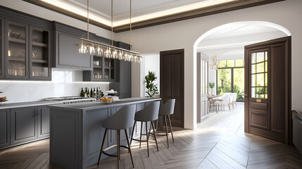 Wall Mural - Modern Kitchen with Island and Stylish Lighting