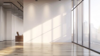 Aufkleber - Modern office space with a view, featuring a blank white wall, wood floor, and large windows.