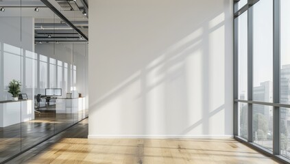 Aufkleber - Modern Office Space with Glass Walls, Wooden Floor, and City View