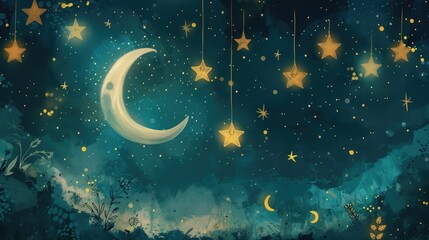 Celestial scene with a crescent moon, twinkling stars, and a glowing night sky invites quiet contemplation and wonder.