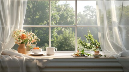 Canvas Print - Morning Coffee & Flowers on a Sunny Windowsill.