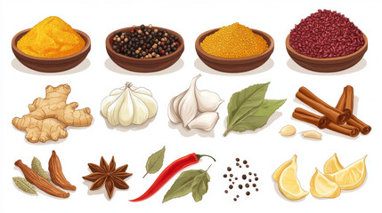 A selection of aromatic spices and condiments from India, including ginger, cinnamon, bay leaves, vanilla, star anise, hot chili pepper, curry powder, nutmeg, garlic, saffron, and wasabi sauce, illust