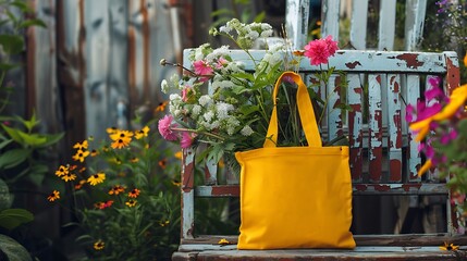 Wall Mural - Fresh flowers surround a yellow tote bag that is blank and rests on an old chair outside