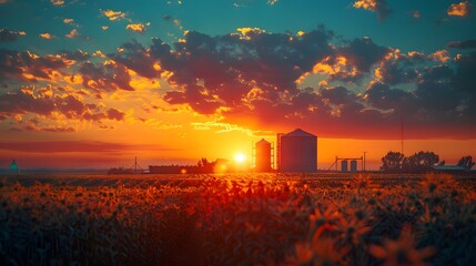 Wall Mural - Sunset over Grain Silos.