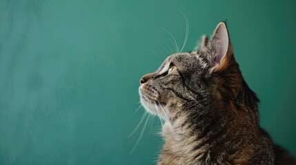 Wall Mural - Chubby cat on green background, indoor life and pet health concept.