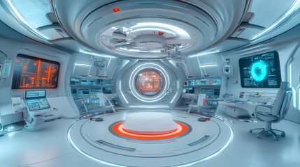 High-definition 360-degree panoramic view of a futuristic technology studio interior, rendered in 3D. This HDRI (High Dynamic Range Imaging) illustration showcases advanced VR (Virtual Reality) design