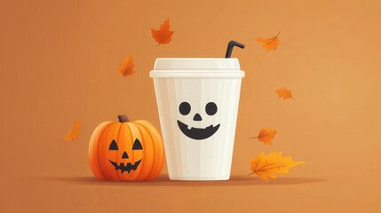 Wall Mural - A cup with a pumpkin on it and a pumpkin on the ground