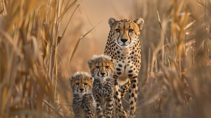 Cheetah Mother and Cubs in Tall Grass.