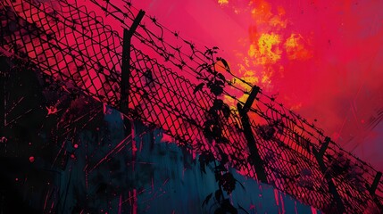 Wall Mural - Barbed Wire Fence Silhouette Against Red Sky.