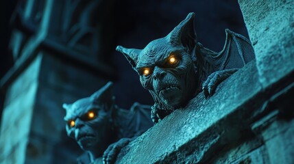 Two statues of bats with glowing eyes are on a stone wall