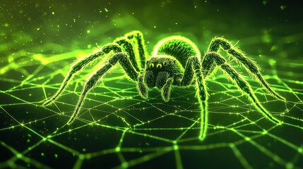 A green spider is on a web