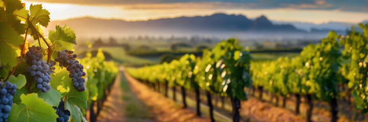 Canvas Print - grapes on the vine in the vineyard at sunset