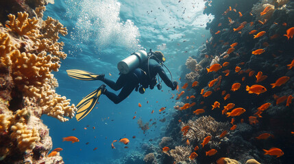 Scuba diver exploring a vibrant coral reef surrounded by a shoal of colorful coral fish.