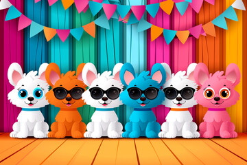 Sticker - A group of cartoon dogs are sitting in a row, each wearing sunglasses. The scene is colorful and playful, with a bright and cheerful mood