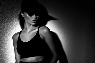 Wall Mural - A woman in a black tank top and hat is standing in front of a wall. The image has a moody and mysterious feel to it, as the woman is partially obscured by the wall and the lighting is dim