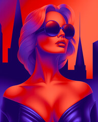 Wall Mural - A woman wearing sunglasses and a black dress is standing in front of a city skyline. The image has a bold and vibrant color scheme, with the woman's outfit