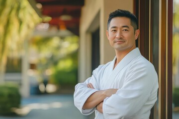 Man in karate uniform confidently standing with crossed arms outdoors, serene martial arts training environment, blurred background.