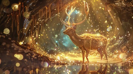 Wall Mural - Golden Deer in a Sparkling Cave.