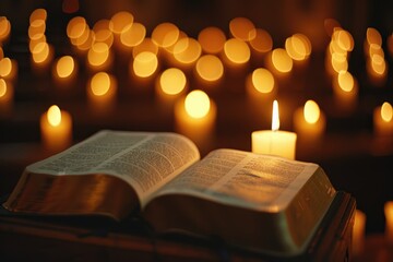 Open Bible on Podium with Candlelight, Providing Comfort in Times of Mourning, Illuminated Hope