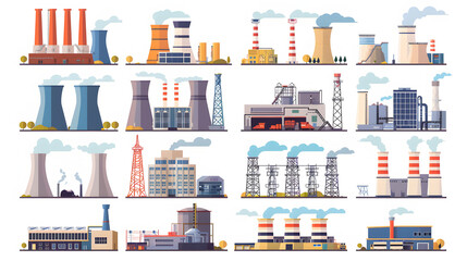 Set of power stations and plants for energy generation Different types of factory buildings of heavy industry, generating electricity Colored flat vector illustration isolated on white background