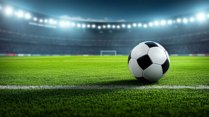 Poster featuring a soccer ball on a football field, designed for a sports game competition. Includes a championship cup banner template with a green football stadium field and space for event announce