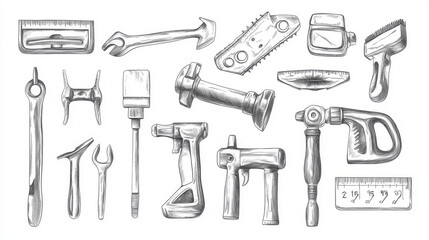 Sketch icons of house repair tools. Vector set includes home construction drill, saw, hammer, carpentry woodwork grinder, ruler, screwdriver, plastering trowel, and paint brush.