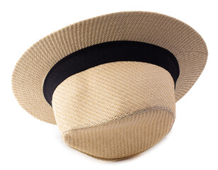 Vintage Straw hat with black ribbon for man isolated over white background.